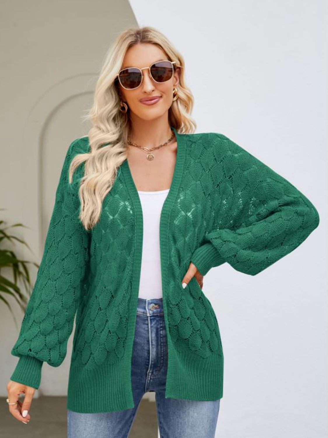 SkyMarie Open Front Ribbed Trim Cardigan