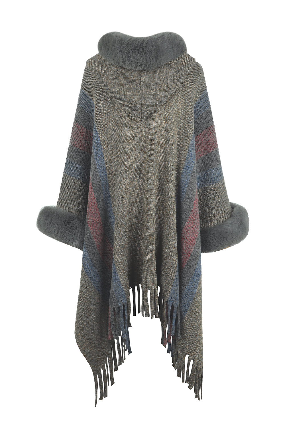 One Size Color Block Fringe Detail Poncho