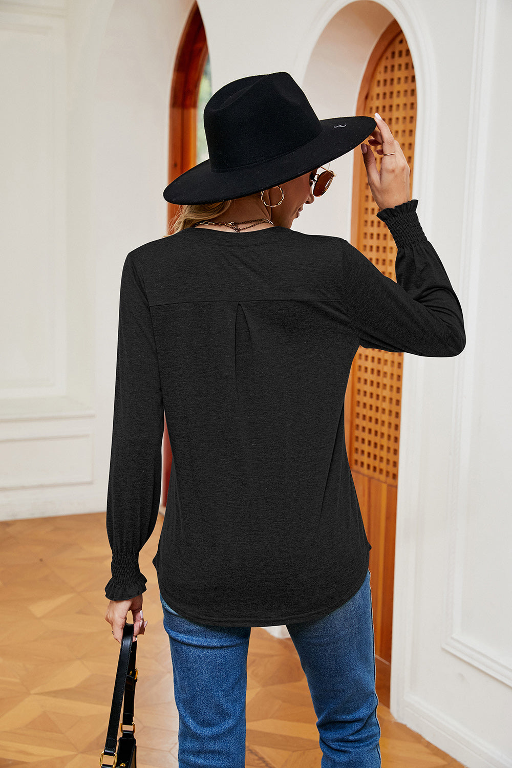 Full Size Notched Neck Long Sleeve Blouse