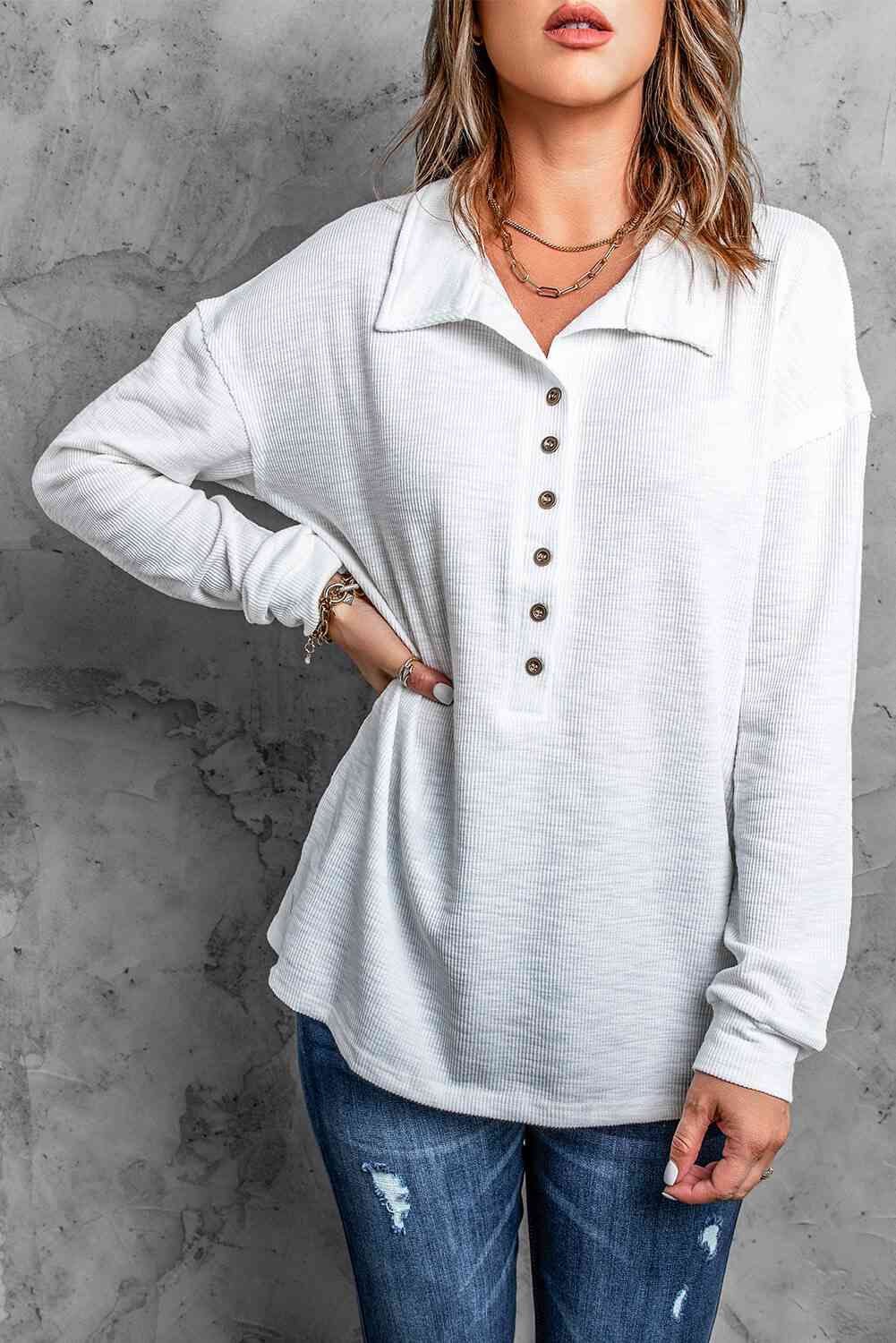 FULL SIZE Half Button Collared Knit Top