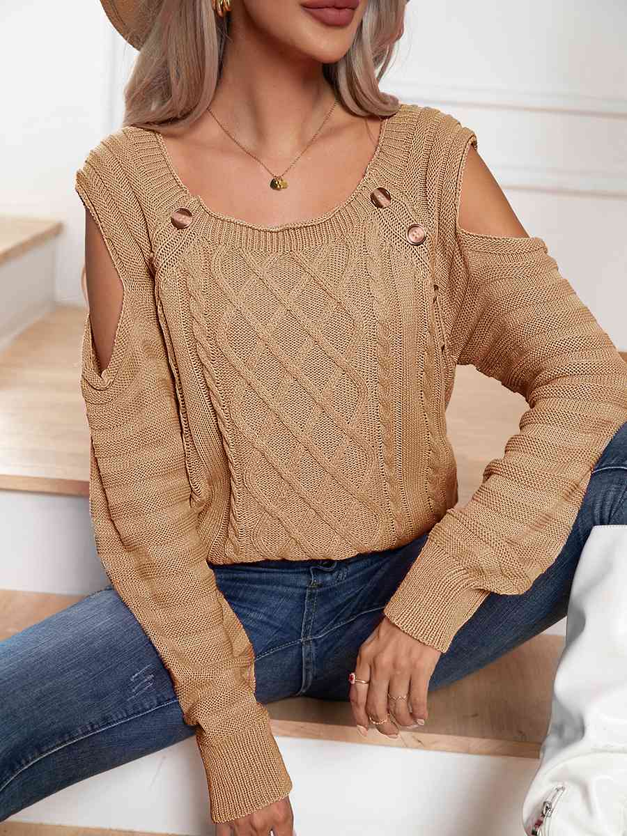 KnittedEmporium Decorative Button Cold-Shoulder Sweater