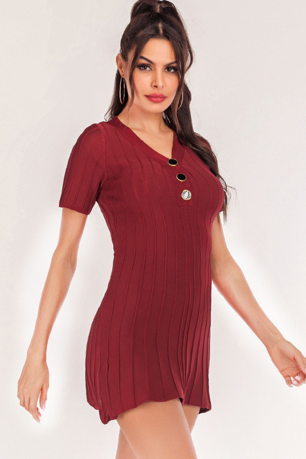 Women's Buttoned Short Sleeve V-Neck Knit Dress