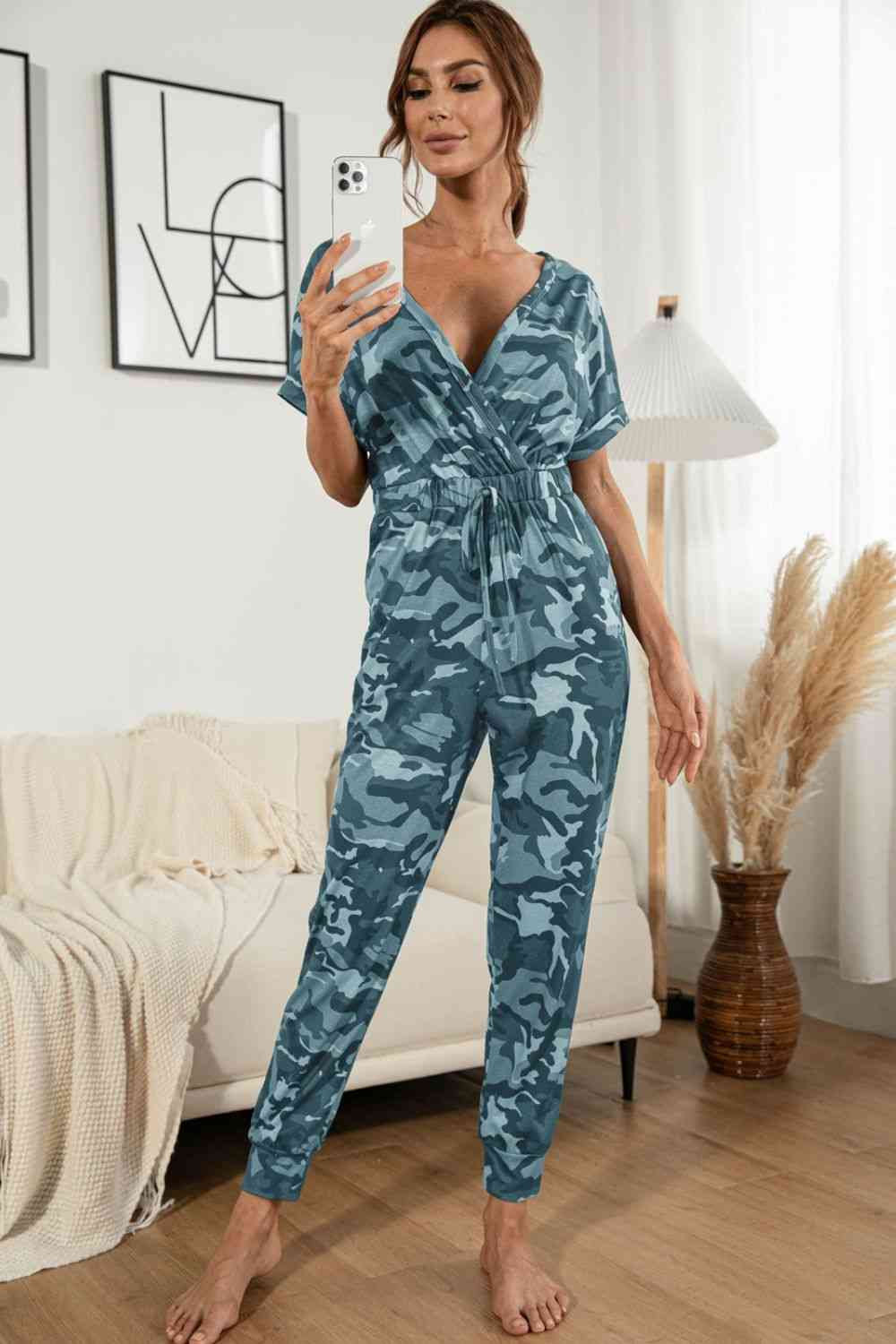 DuskJumpers Surplice Neck Tied Short Sleeve Jumpsuit