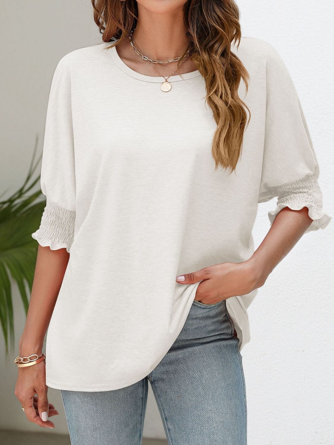 Full Size Smocked Flounce Sleeve Round Neck T-Shirt