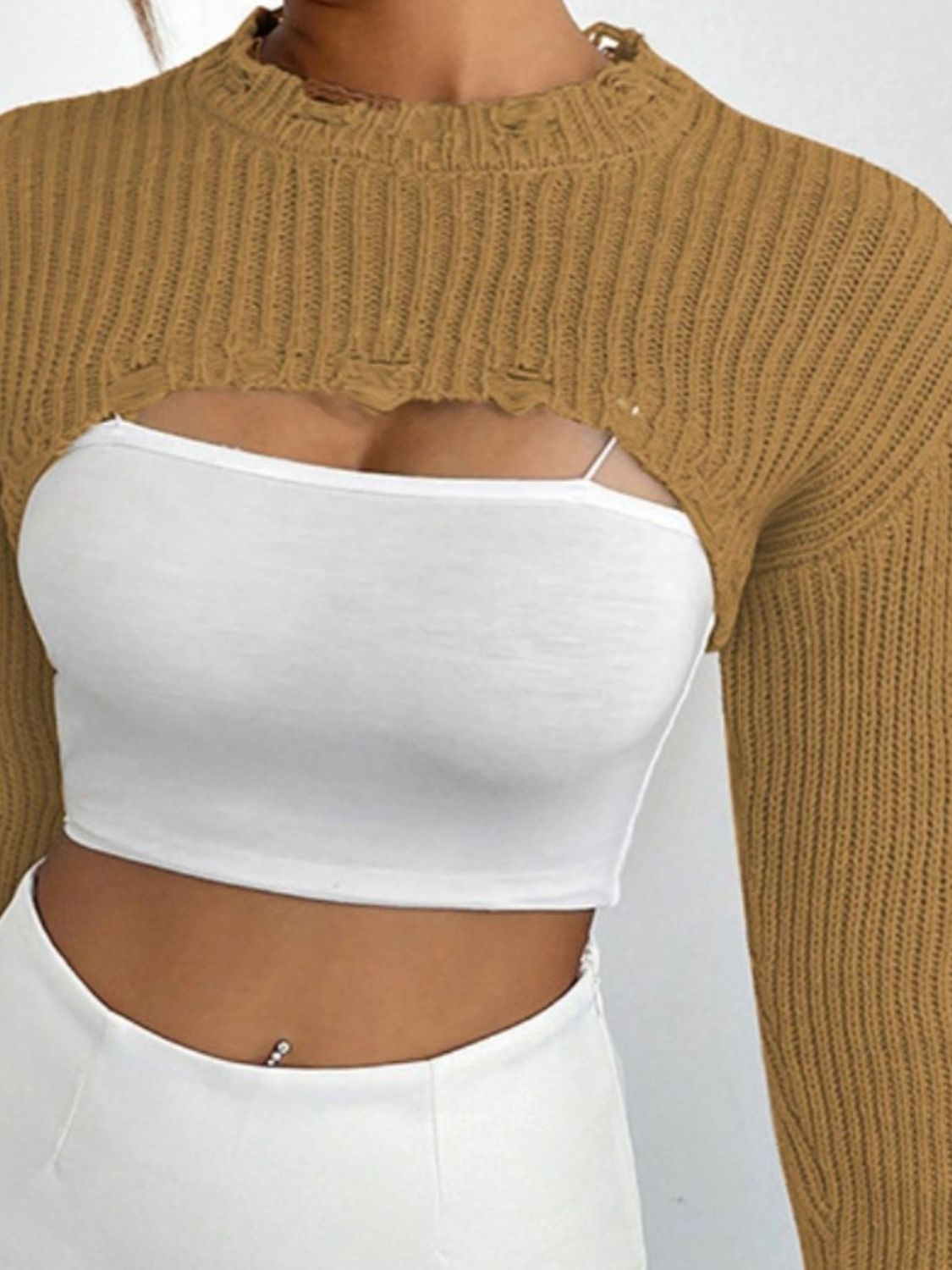 Full Size Distressed Long Sleeve Cropped Sweater