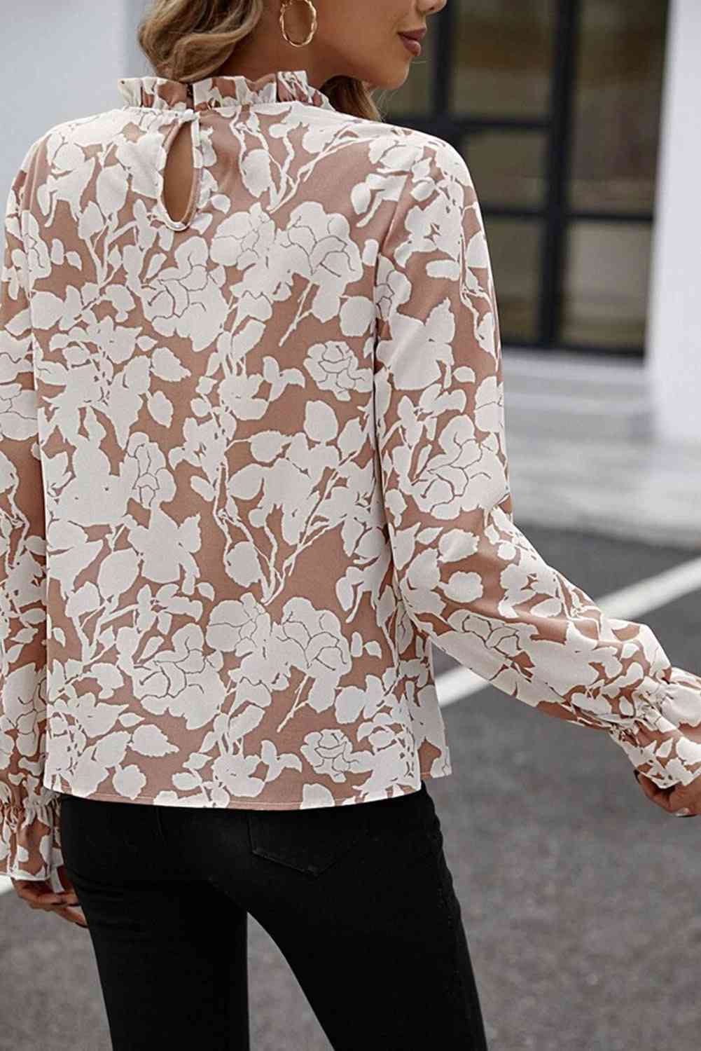 Aurora Lea Floral Print Mock Neck Flounce Sleeve Blouse