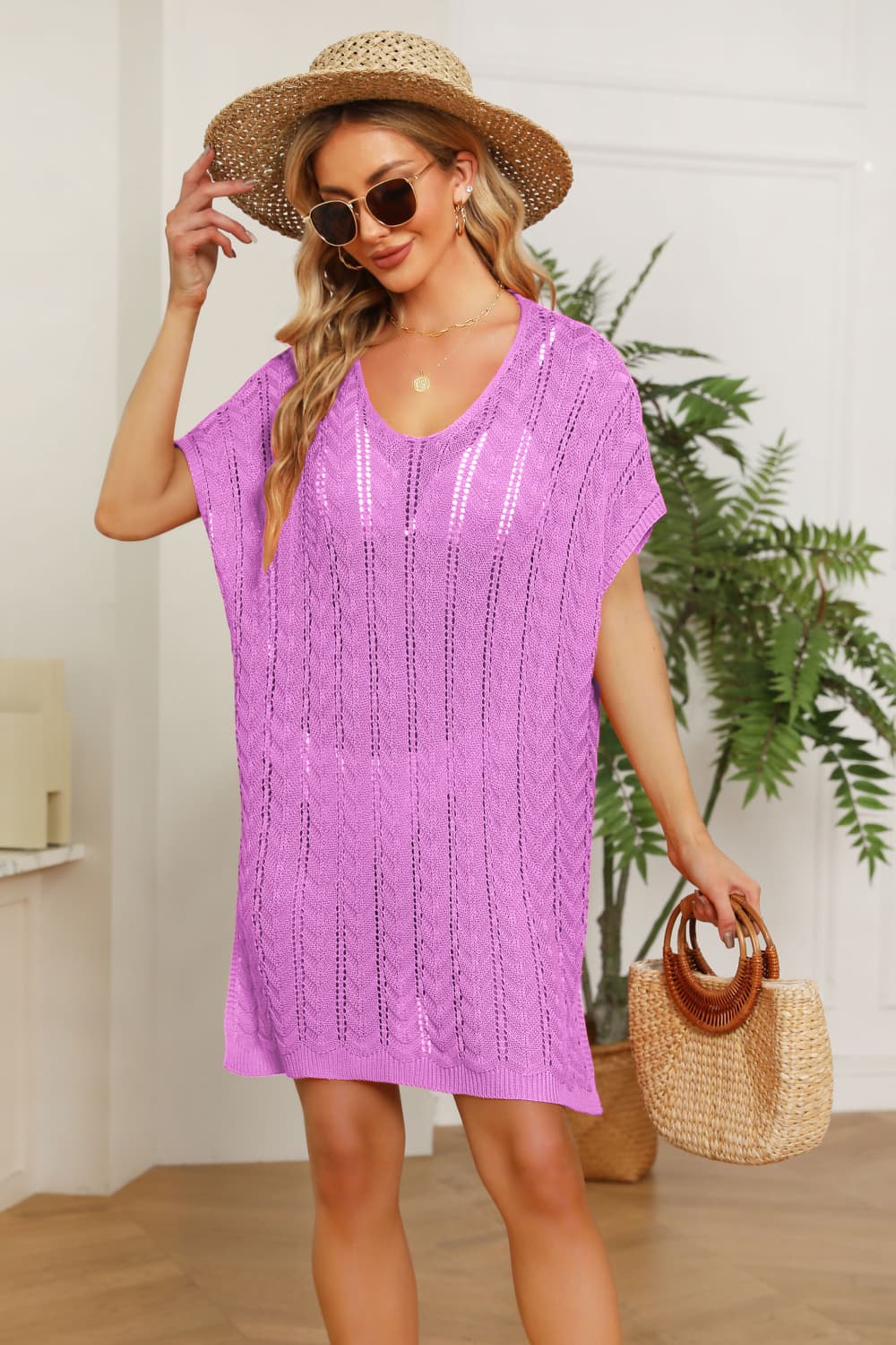 SO JAMAH One Size Openwork Side Slit Knit Dress