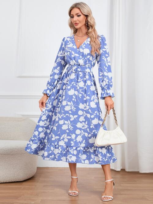 H.Y.G@E Attire Floral Surplice Flounce Sleeve Ruffle Hem Dress