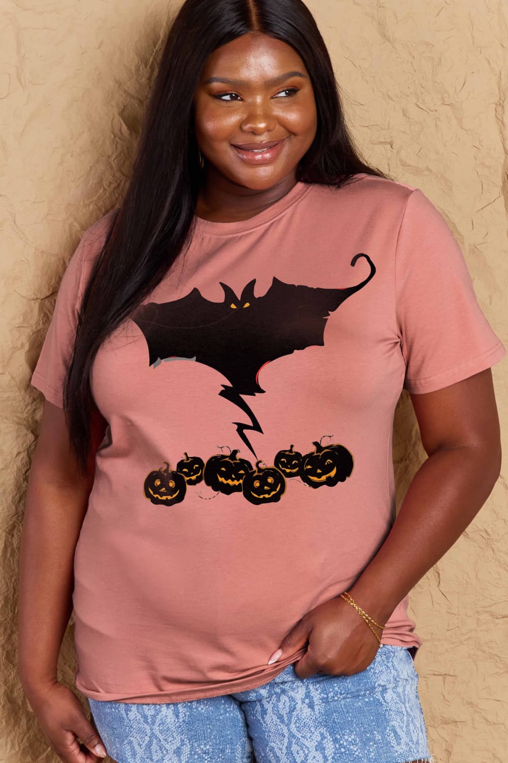 Simply Love Full Size Bat & Pumpkin Graphic Cotton Halloween T-Shirt