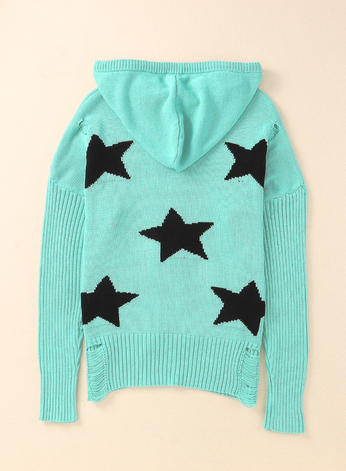 Full Size Star Distressed Slit Hooded Sweater