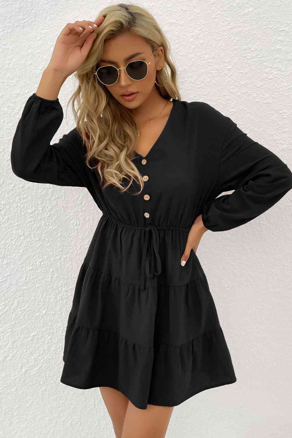 Decorative Button Tie Front Tiered Mini Dress