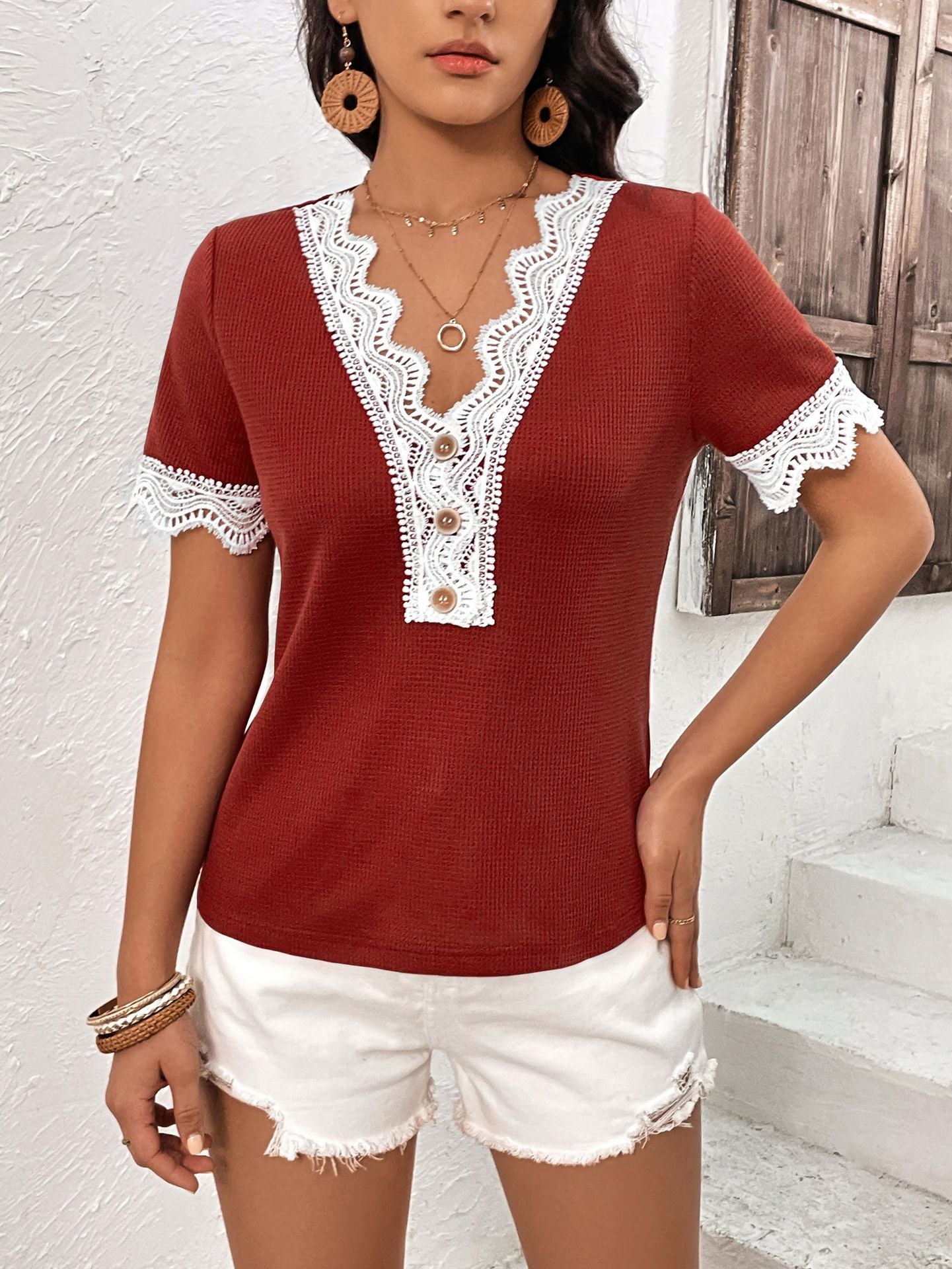 Women's Decorative Button Spliced Lace Short Sleeve Top