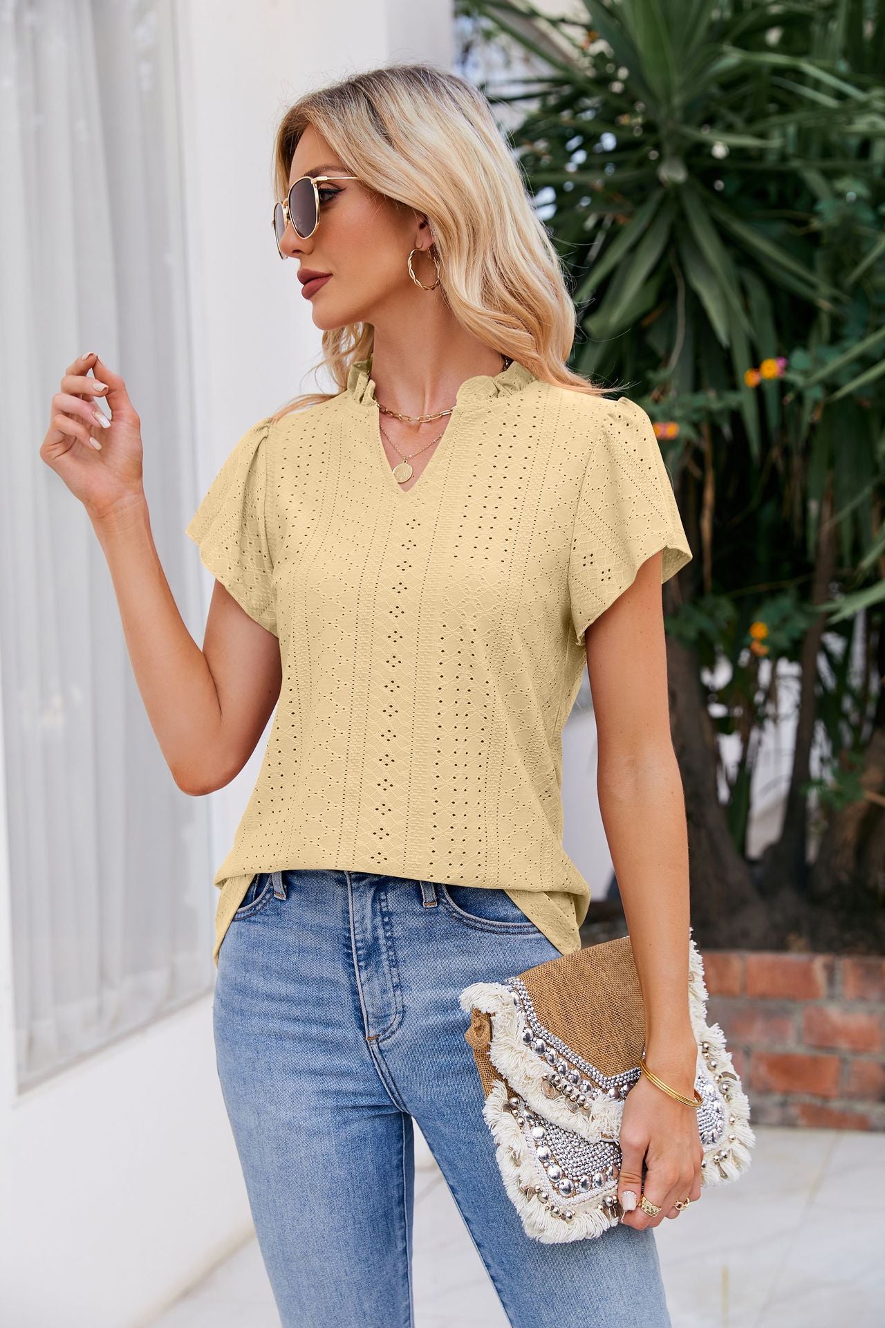 Women's Full Size Notched Neck Puff Sleeve Blouse