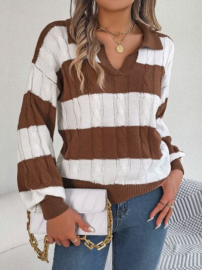 BodaciousBabe Cable-Knit Striped Long Sleeve Sweater