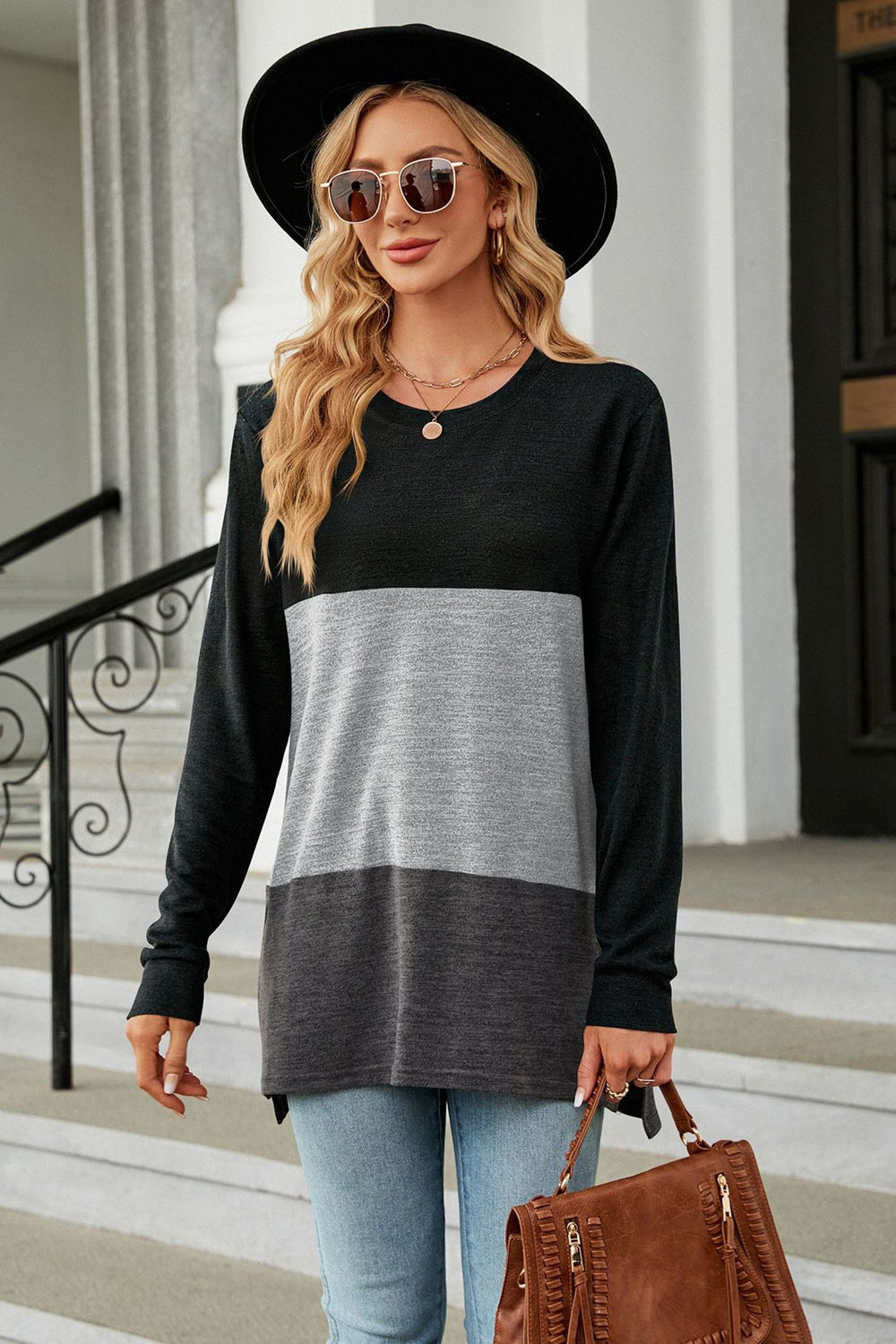 Full Size Color Block Round Neck Long Sleeve Slit T-Shirt