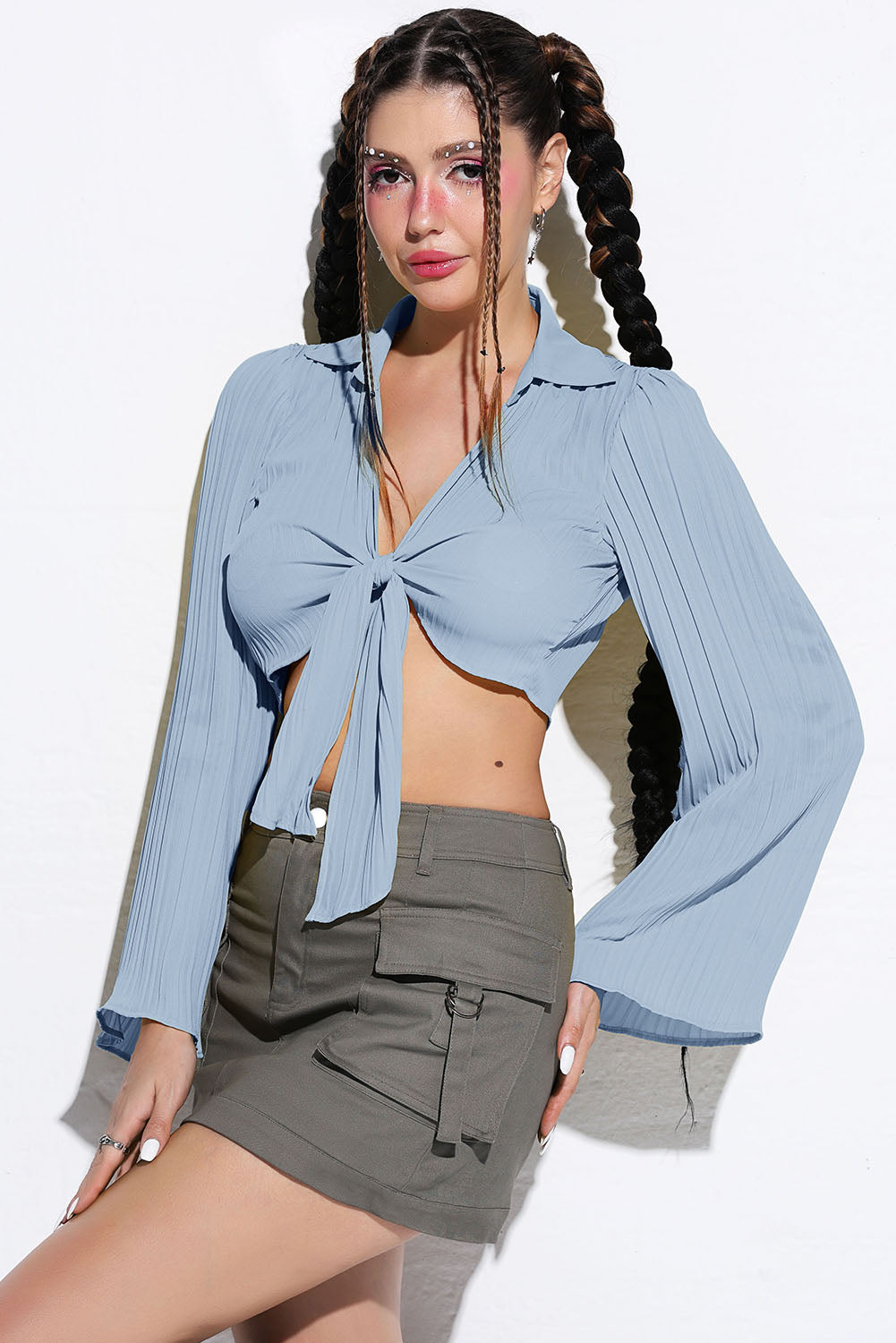 Malibu Dreams Tie Front Johnny Collar Flare Sleeve Cropped Top