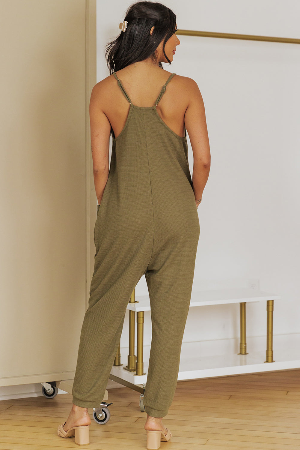 Spaghetti Strap Deep V Jumpsuit with Pockets