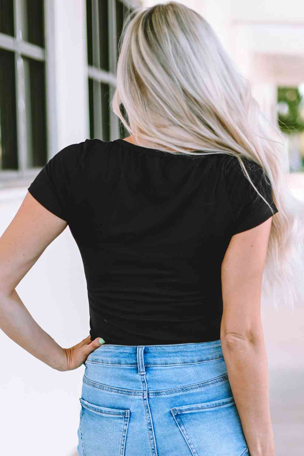 Notched Short Sleeve Black Bodysuit