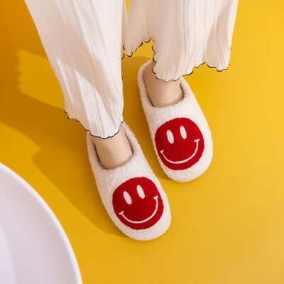 Melody Smiley Face White Red Cozy Slippers