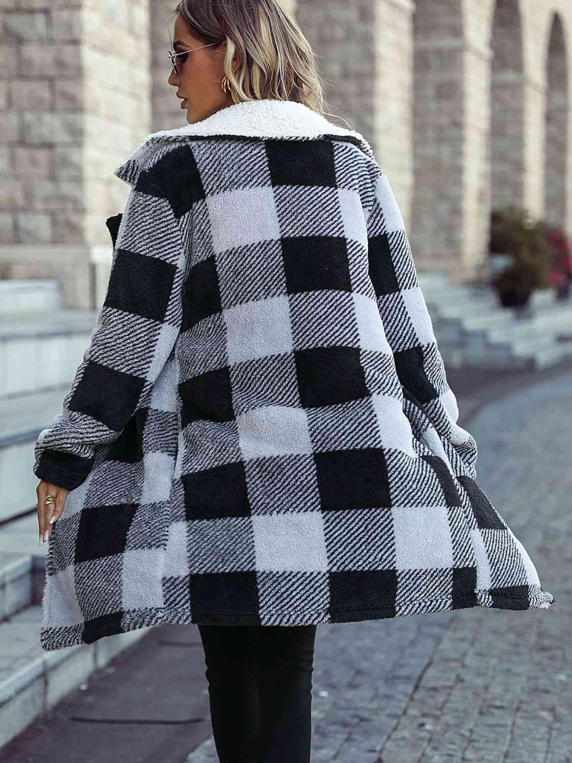 Adrien Planet Black Full Size Plaid Open Front Coat with Pockets