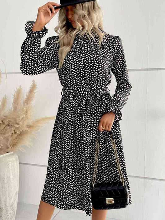 Printed Tie-Waist Flounce Sleeve Keyhole Black Midi Dress