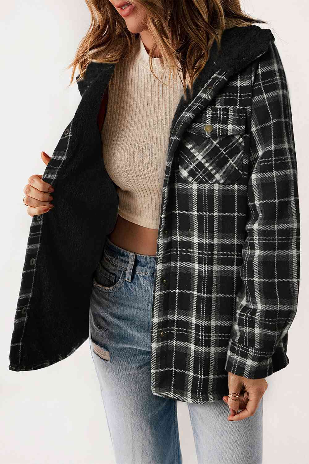 FashionToFigureTrends Plaid Snap Down Hooded Jacket