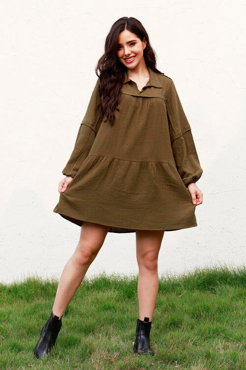 Olive Brown Ruffle Hem Balloon Sleeve Mini Dress