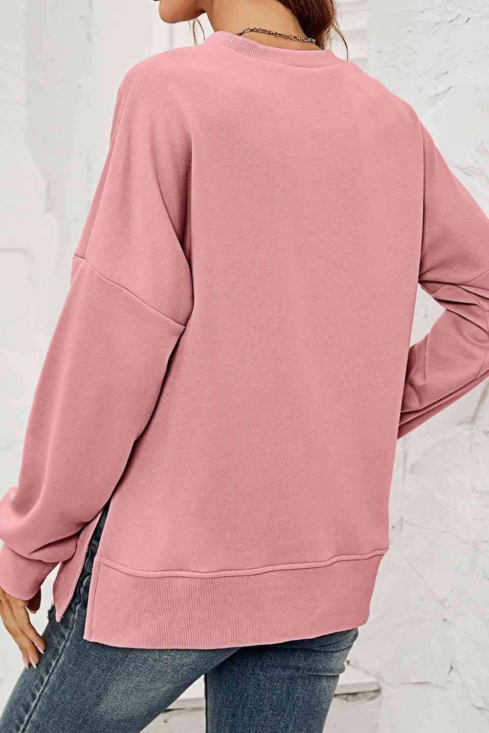 Round Neck  Dropped Shoulder Slit Sweatshirt