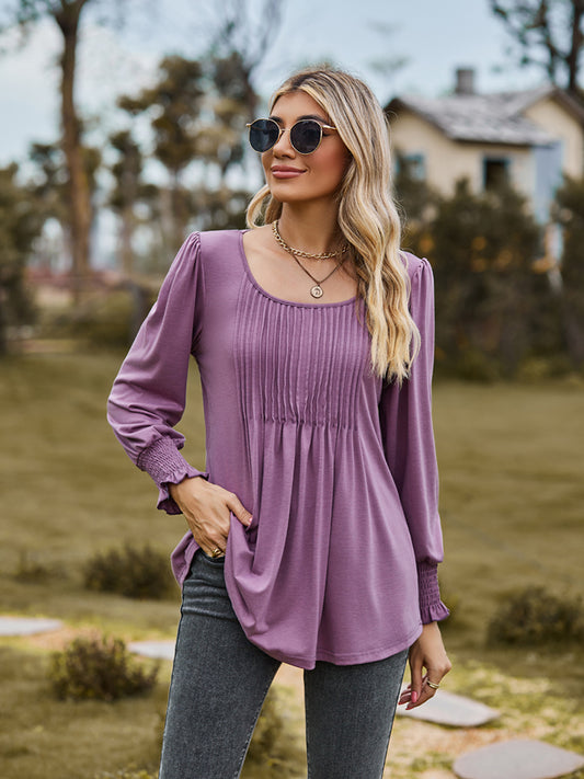 Full Size Puff Sleeve Pleated Blouse