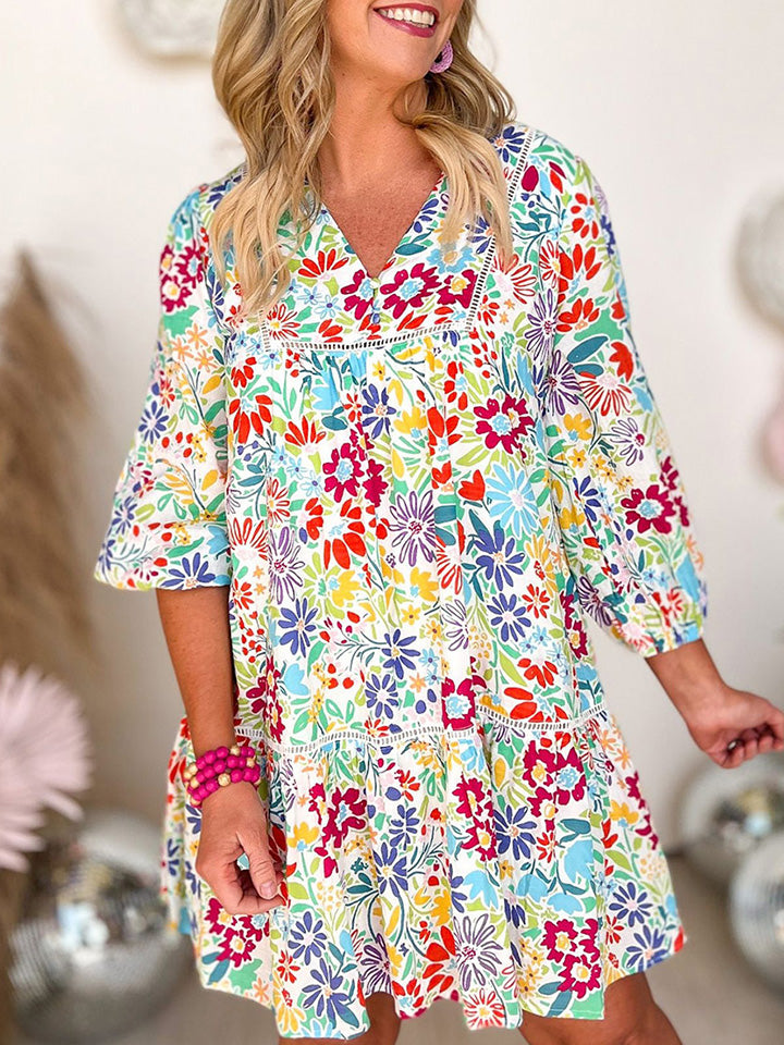 V-Neck Floral Print Long Sleeve Multicolored Mini Dress
