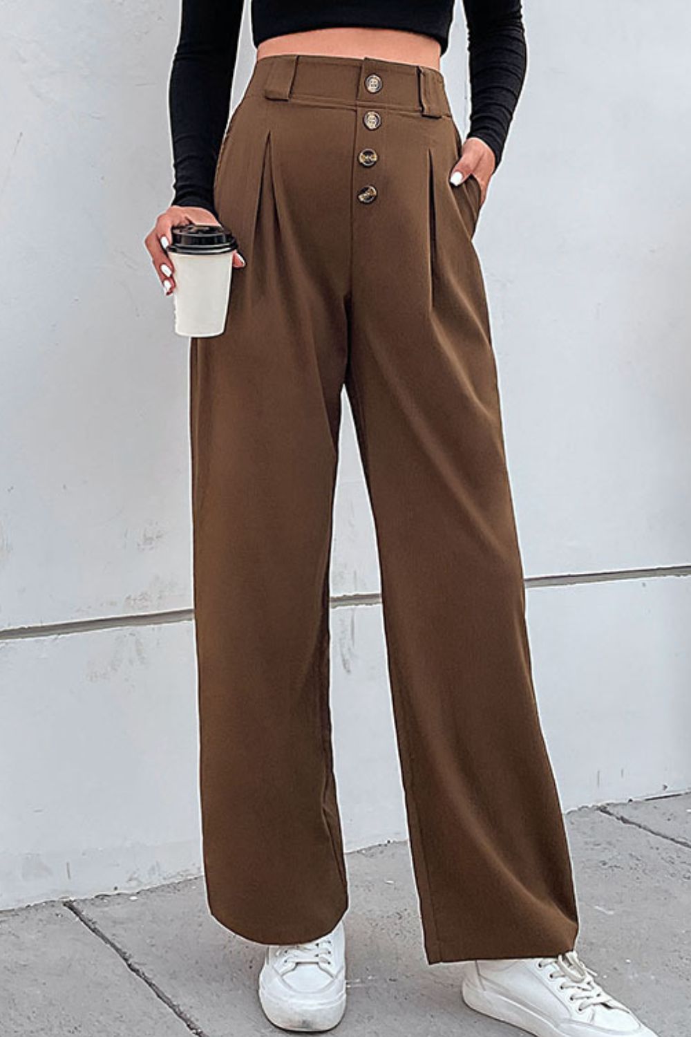 Brown Button-Fly Pleated Waist Wide Leg Pants with Pockets