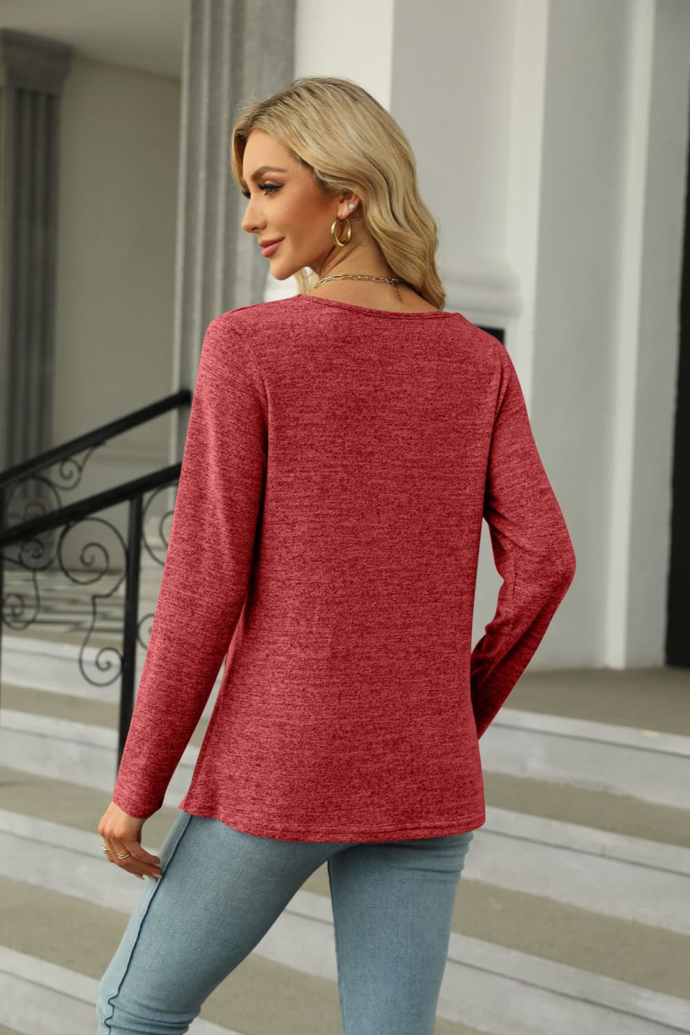 Full Size Square Neck Long Sleeve Slit T-Shirt