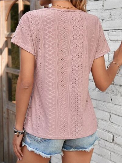 Eyelet V-Neck Short Sleeve T-Shirt