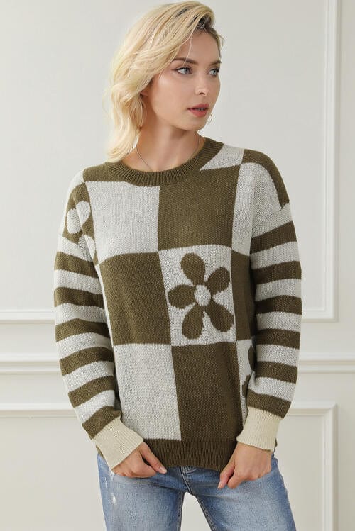 LoversLane Contrast Round Neck Long Sleeve Sweater