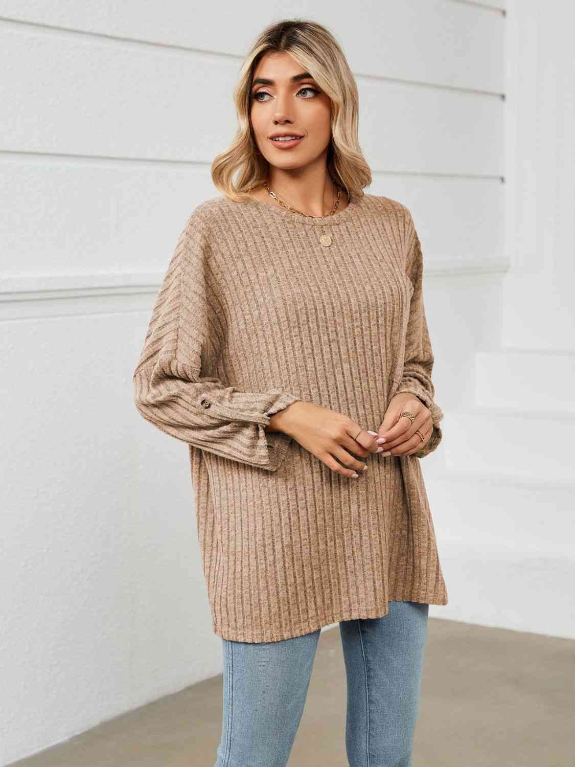 Full Size Round Neck Ribbed Long Sleeve T-Shirt