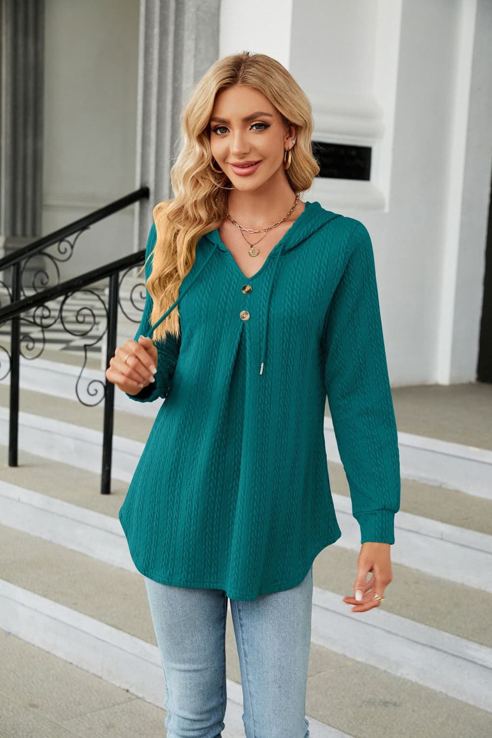 Full Size Long Sleeve Hooded Blouse