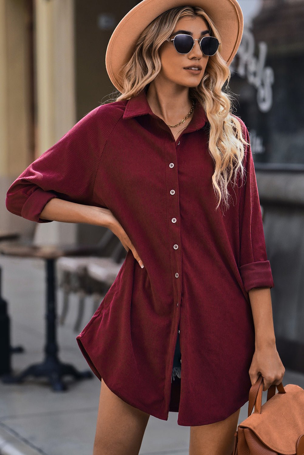 Women's Button Front Curved Hem Raglan Sleeve Shirt Dress