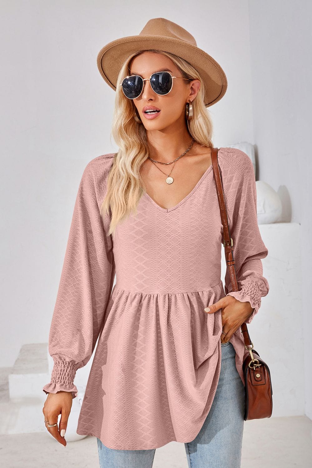 Full Size V-Neck Lantern Sleeve Blouse