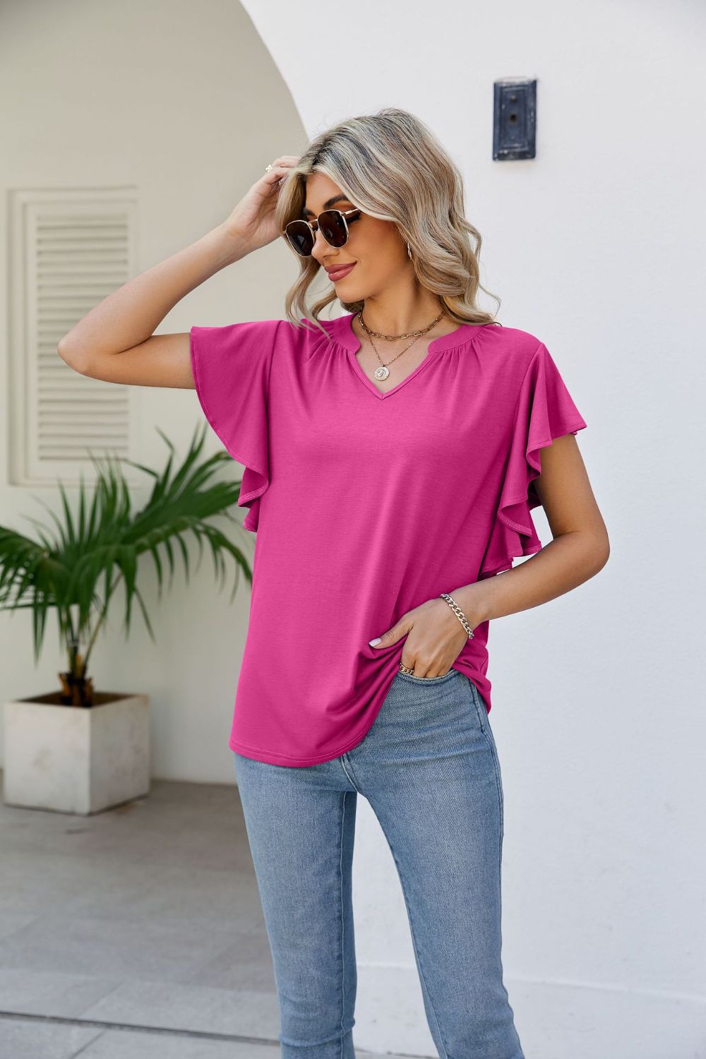 Women's JAYLEEN Full Size Notched Neck Flutter Sleeve Tee