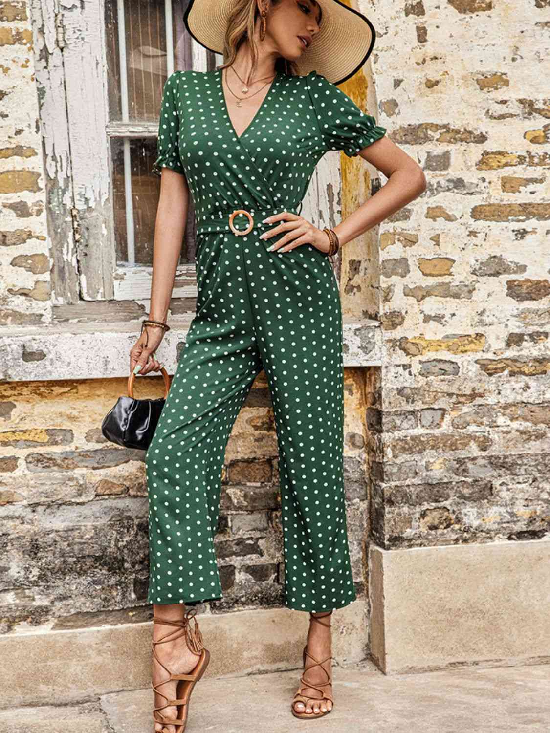 BeautifyJumpers Polka Dot Belted Flounce Sleeve Jumpsuit with Pockets