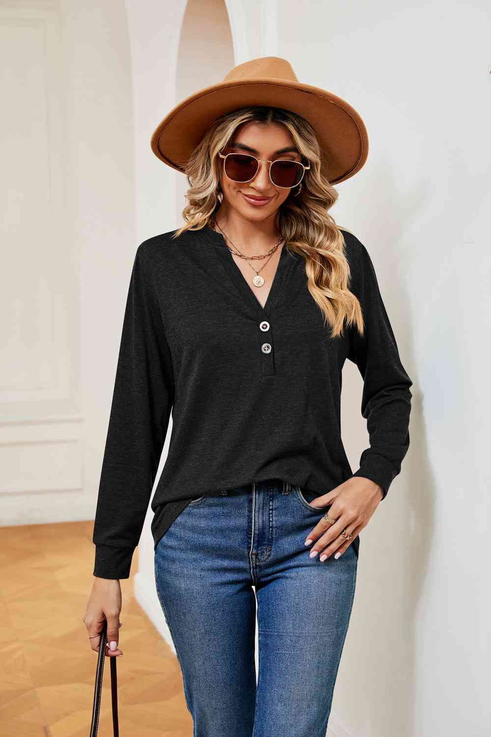 Buttoned Notched Neck Long Sleeve Top