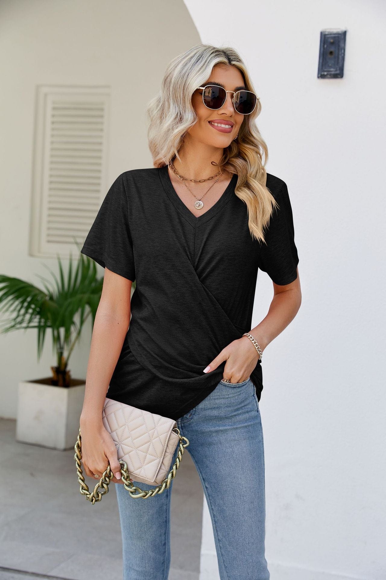 Full Size V-Neck Crisscross Short Sleeve Tee