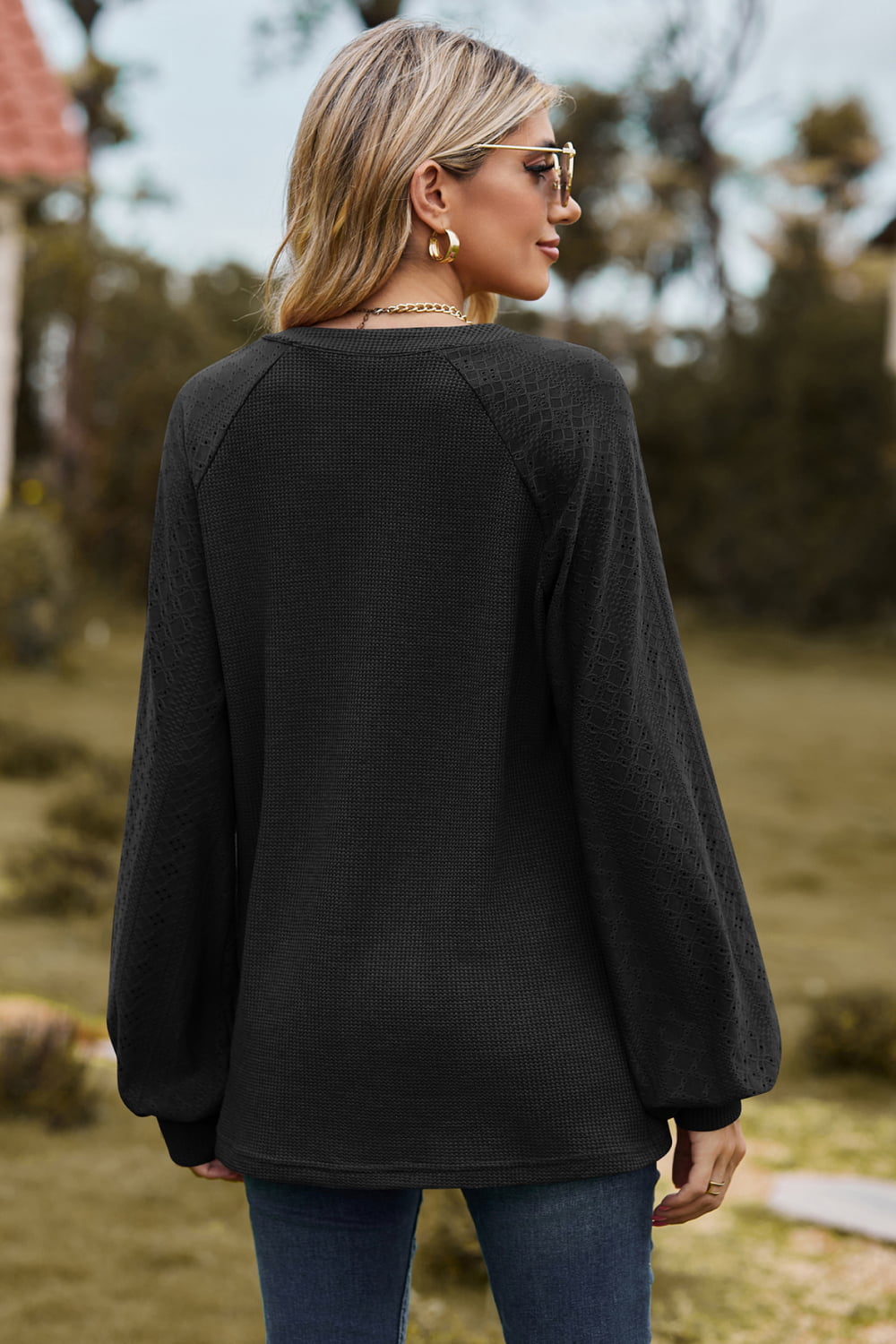 Full Size Notched Neck Raglan Sleeve Blouse