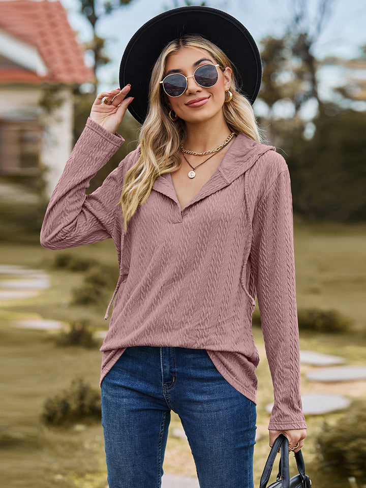 Full Size Cable-Knit Hooded Blouse