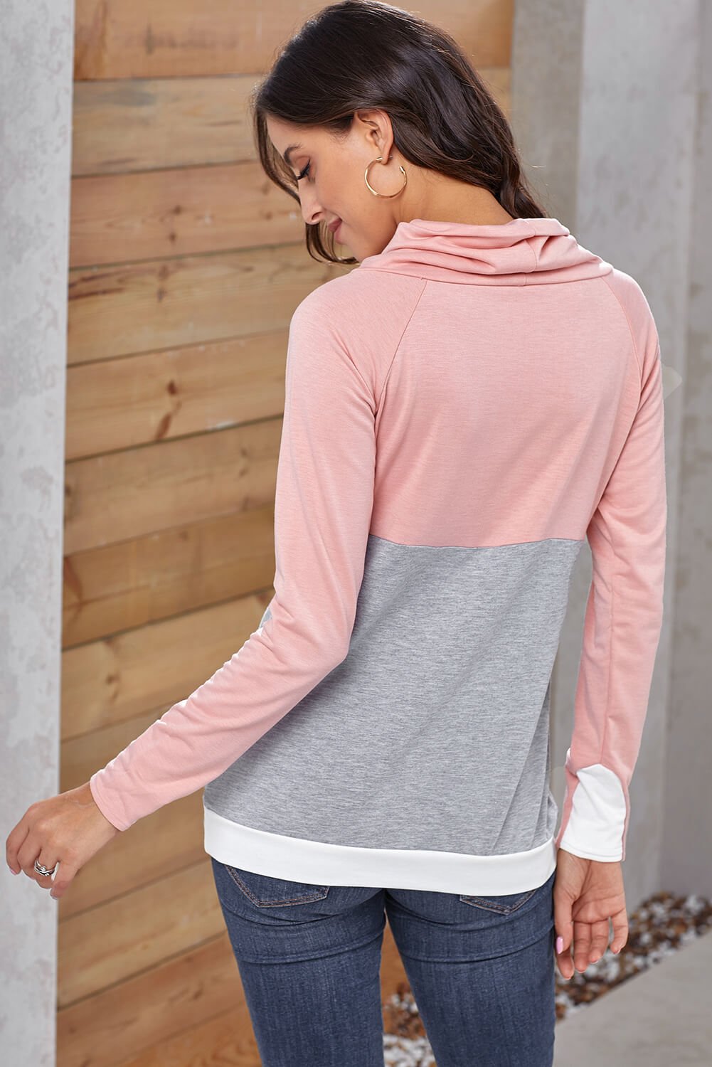 Women's Full Size Color Block Raglan Sleeve Drawstring Sweatshirt