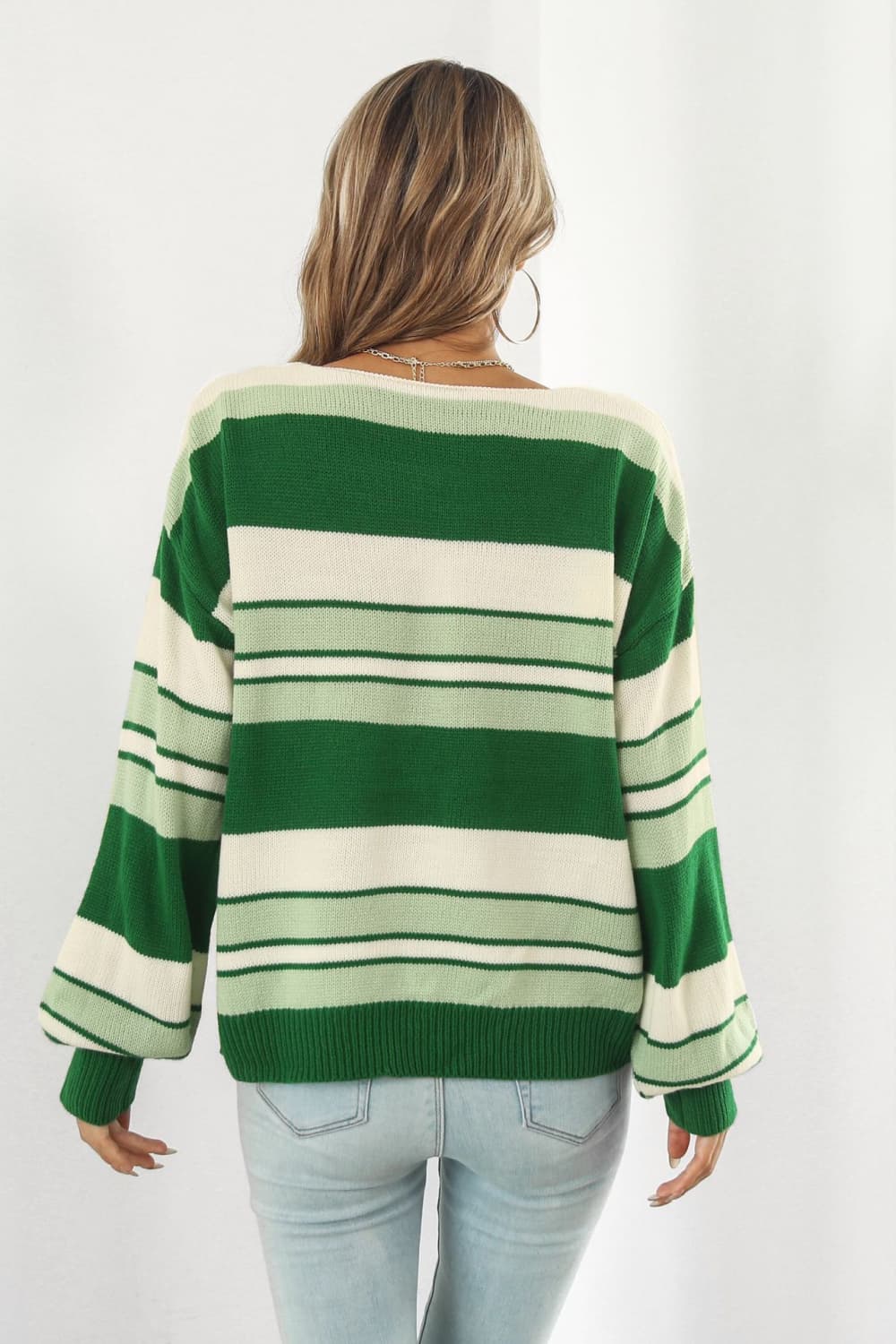ZELDAlea Striped V-Neck Dropped Shoulder Sweater