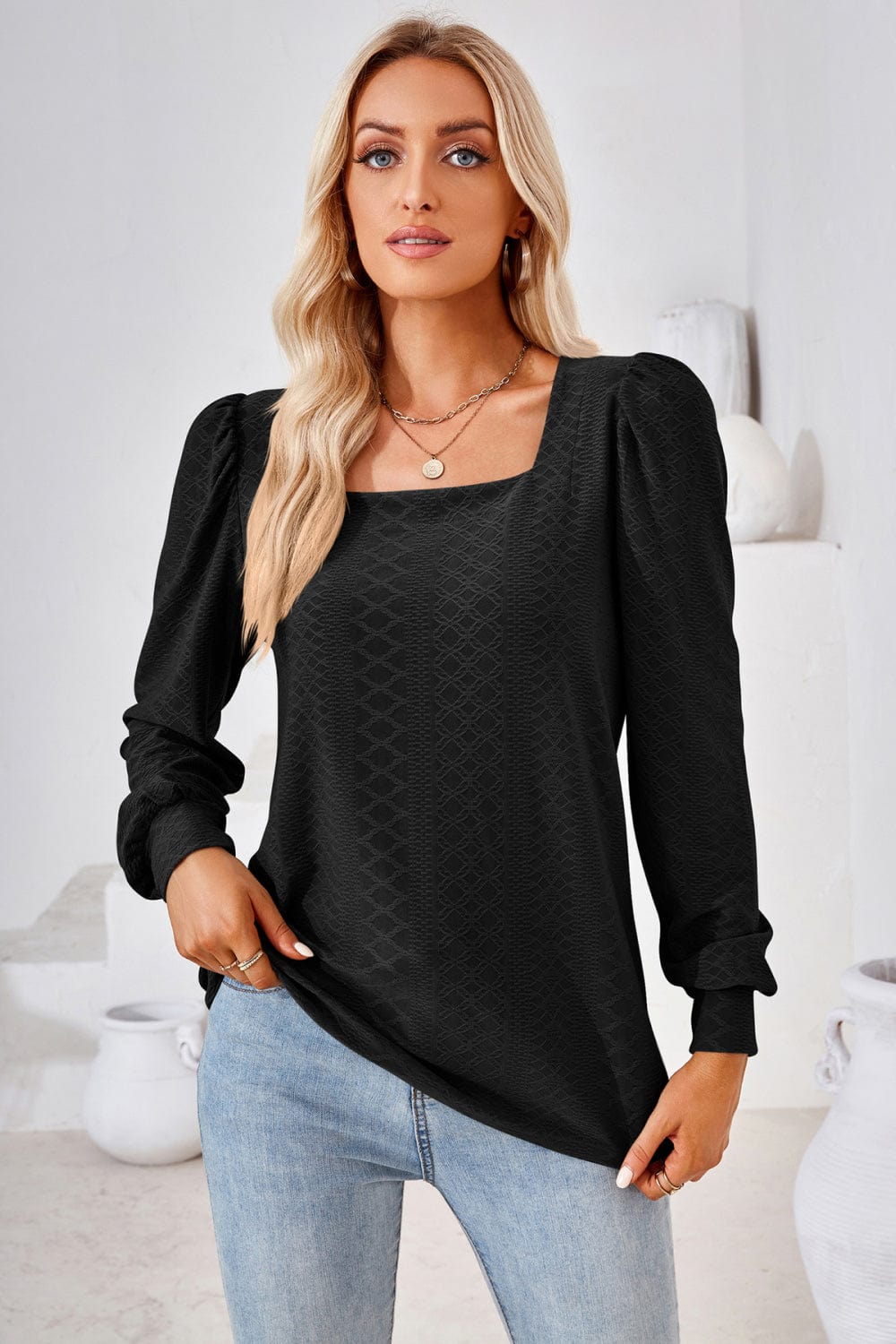 Full Size Square Neck Puff Sleeve Blouse