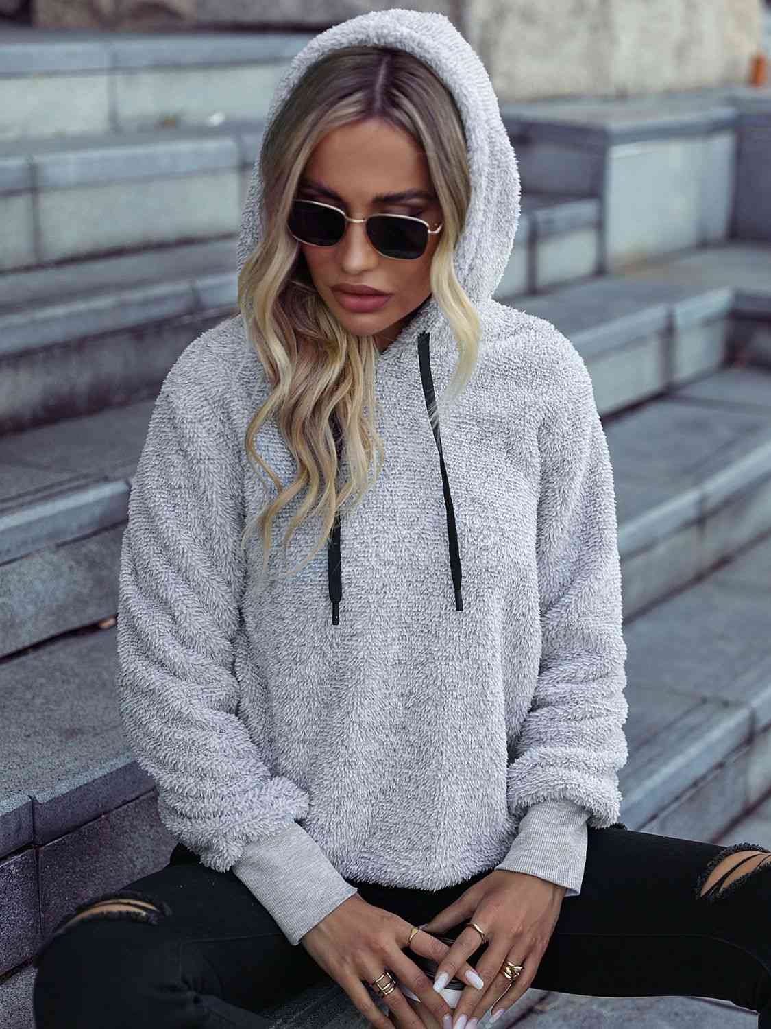 Full Size Light Gray Drawstring Teddy Hoodie