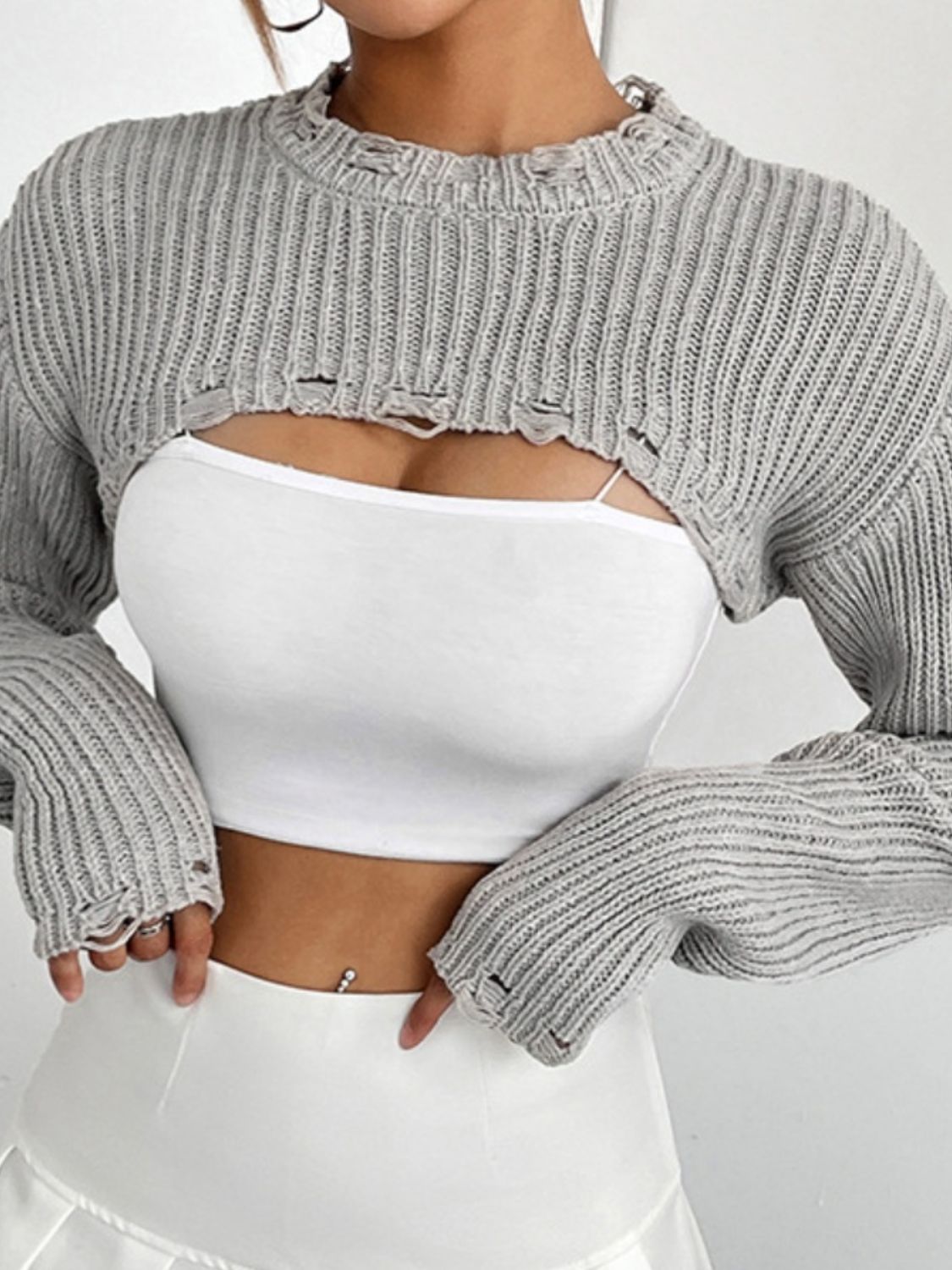 Full Size Distressed Long Sleeve Cropped Sweater