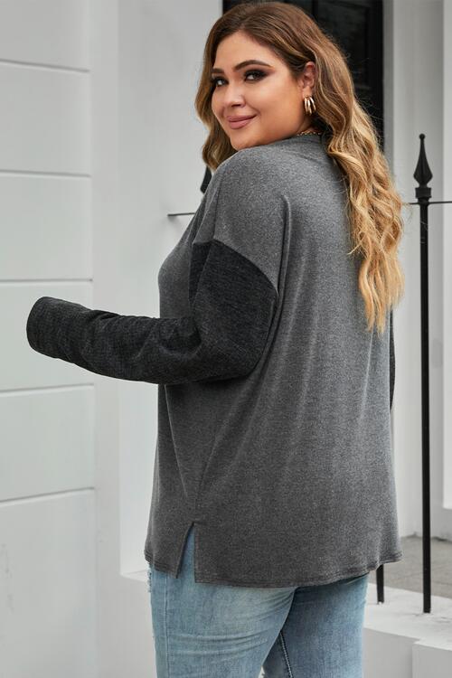 Plus Size Charcoal Gray Round Neck Long Sleeve Buttoned Blouse